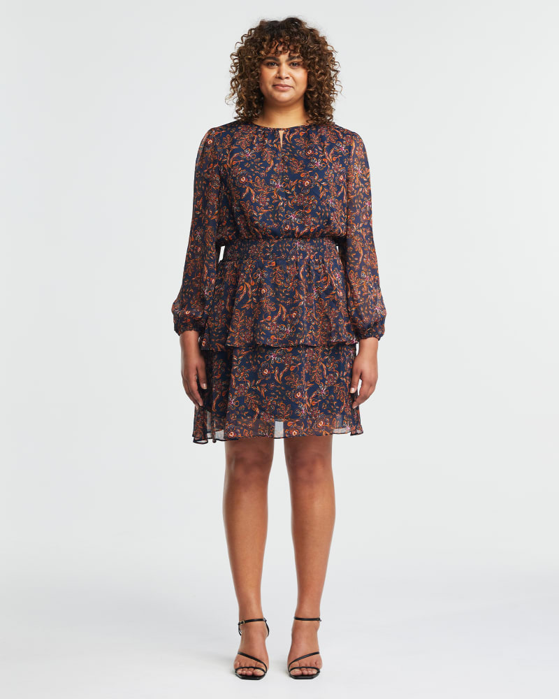 Front of a model wearing a size 22W Rivington Floral Dress in ORANGE/NAVY by Estelle. | dia_product_style_image_id:323658